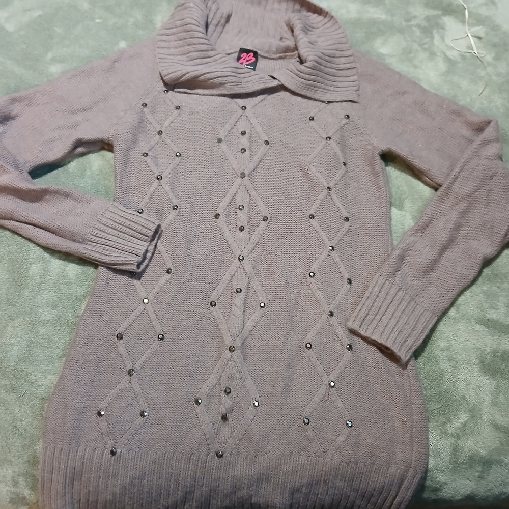 2B Bebe Taupe Cowl Neck Sweater with Studded Design